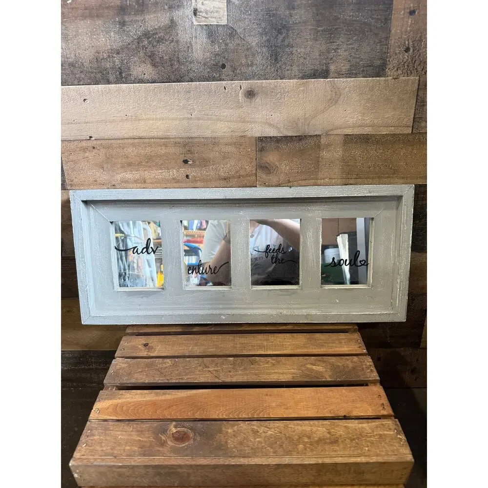 Adventure Feeds The Soul Rustic Grey Wood 4 Pane Window Mirror-Wall Decor -24x10